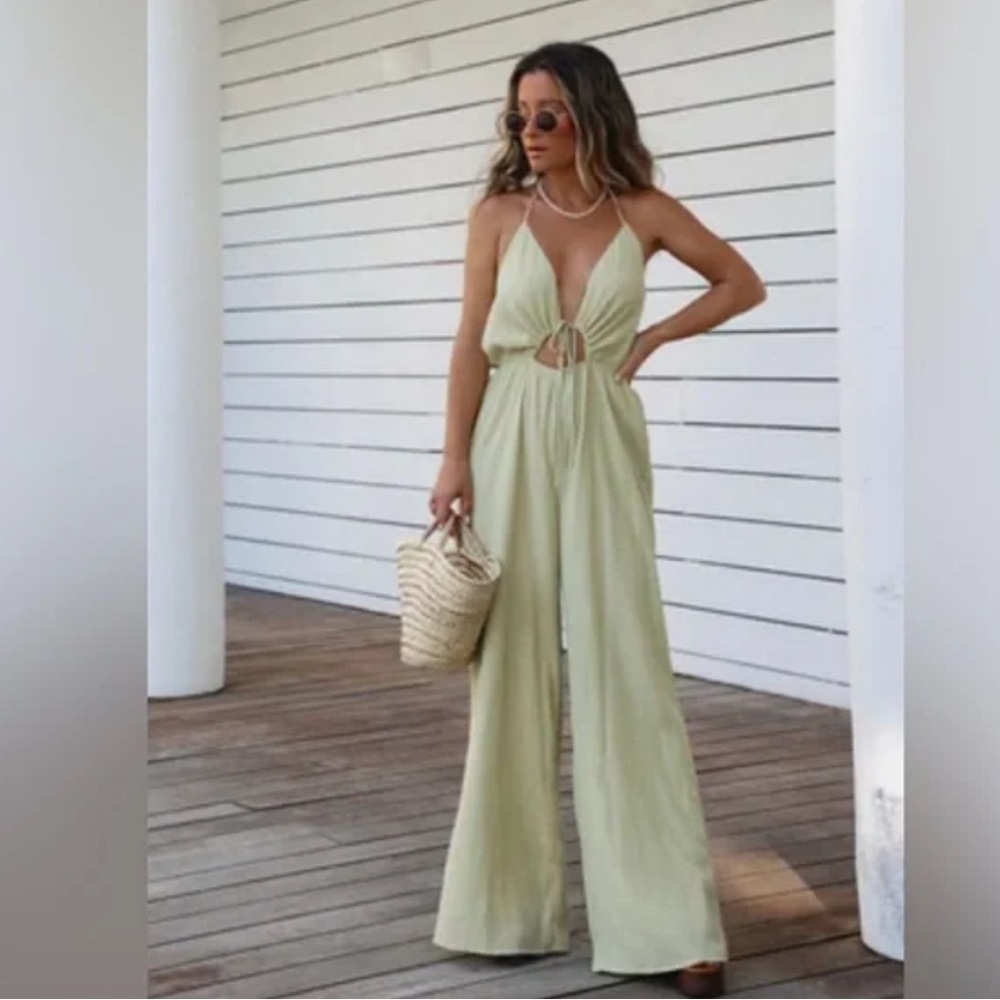 Vici Light Green Halter Wide-Leg Cutout Jumpsuit